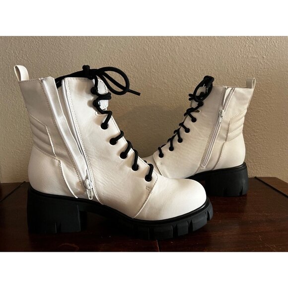 MIA Womens Mila Combat Boots Sz 8. 5M Lug Sole White Black Zip Lace Up Vegan - Picture 3 of 8